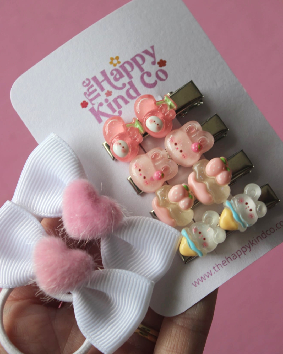 Pink Fuzz Heart Bow Hair Ties