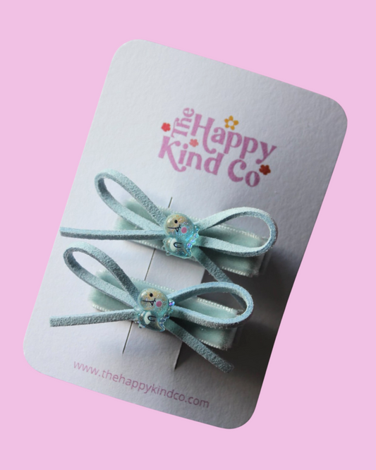 Azure Dino Bow Clips