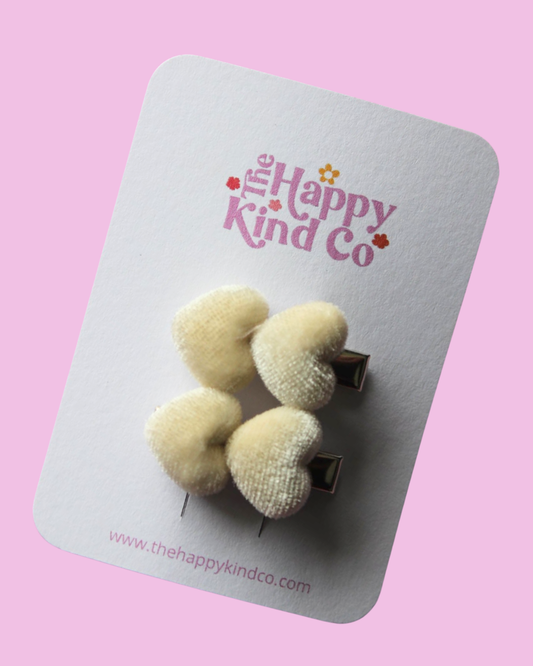 Petite Velvet Heart Clips - Cream