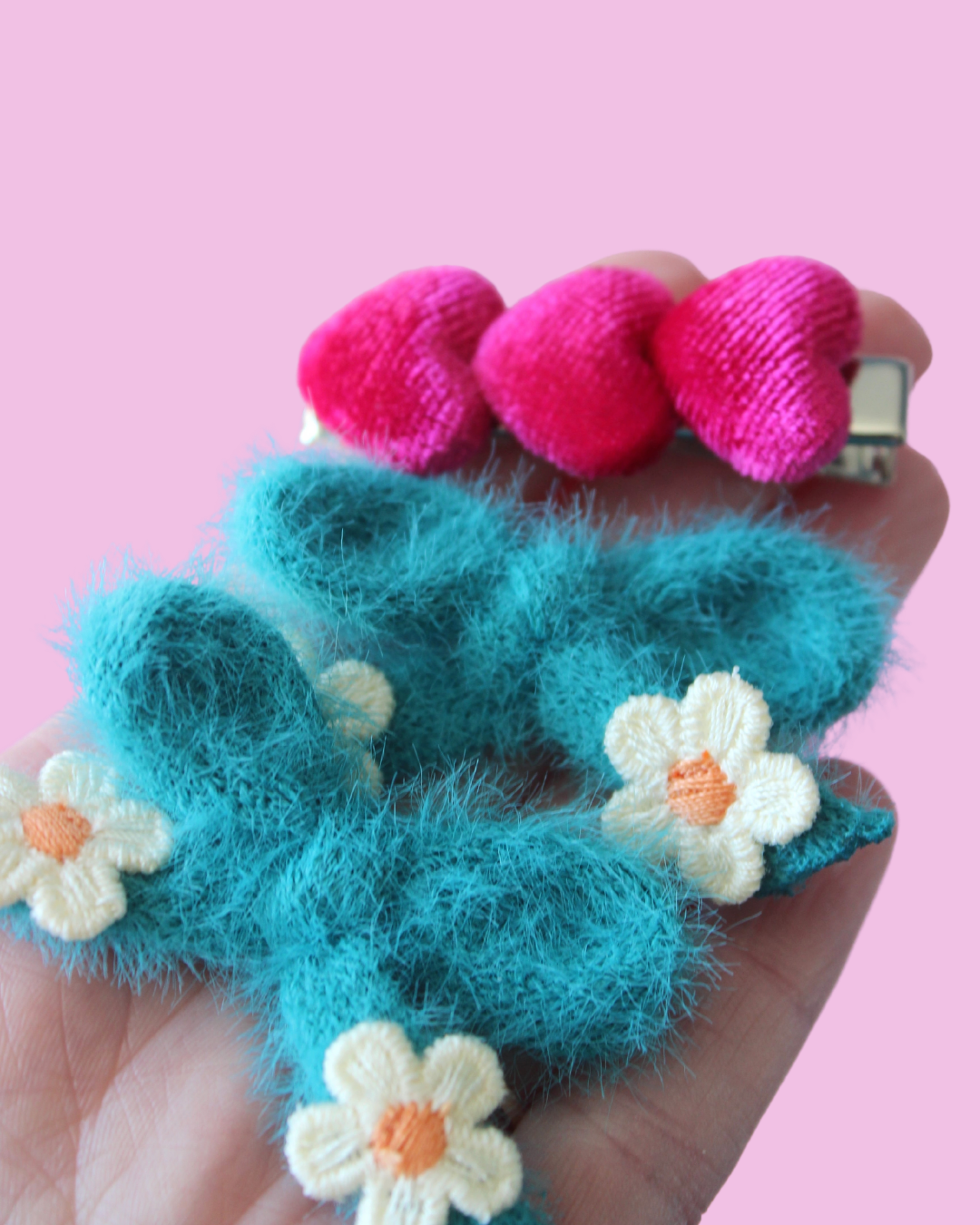 Fluffy Pigtail Bow Clips - Teal