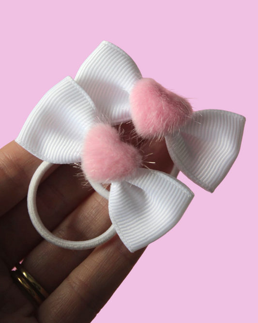 Pink Fuzz Heart Bow Hair Ties