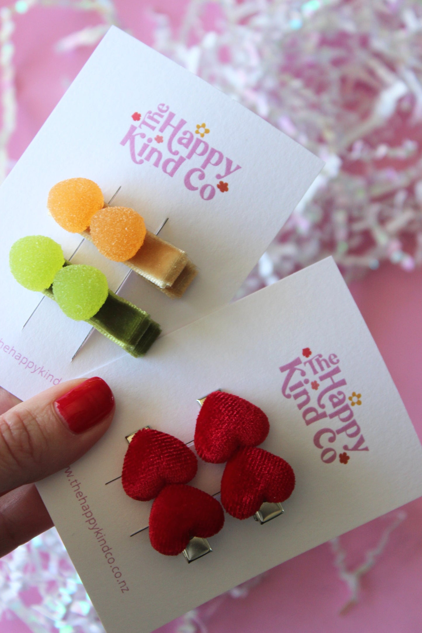 Petite Velvet Heart Clips - Candy Apple