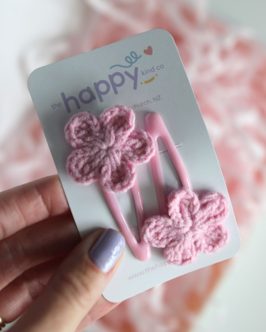 Creamy Pink Crochet Flower Snap Clips