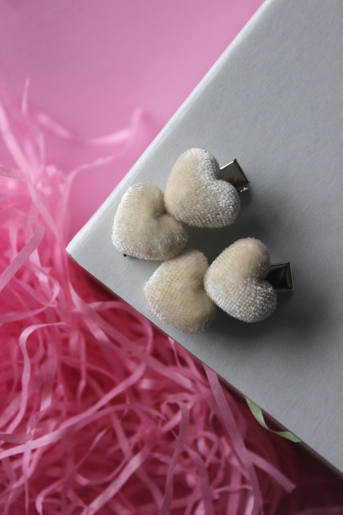 Petite Velvet Heart Clips - Cream