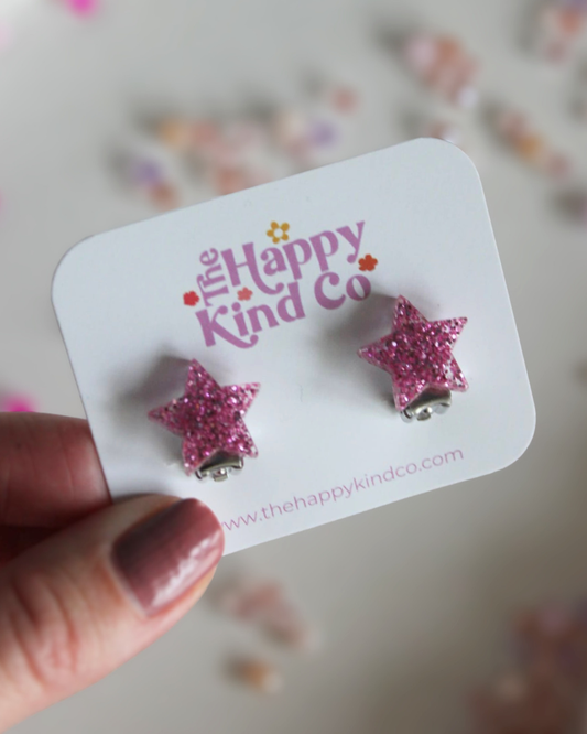 Pink Glitter Star Clip-On Earrings