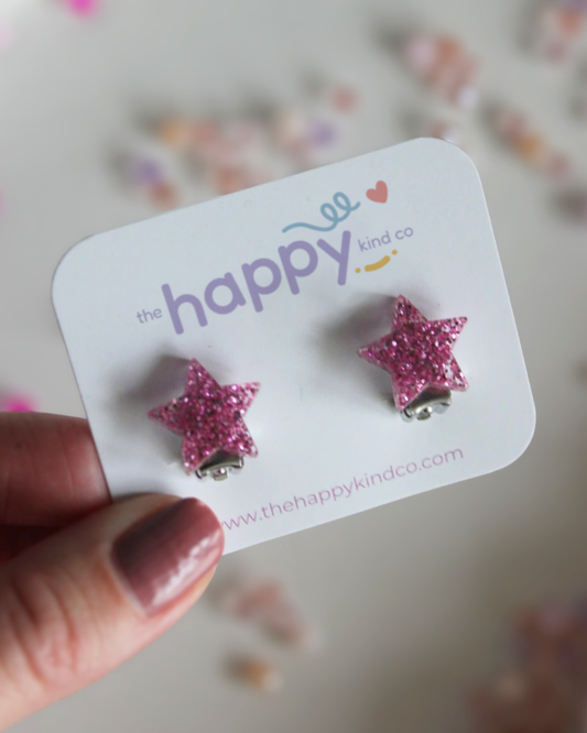 Pink Glitter Star Clip-On Earrings