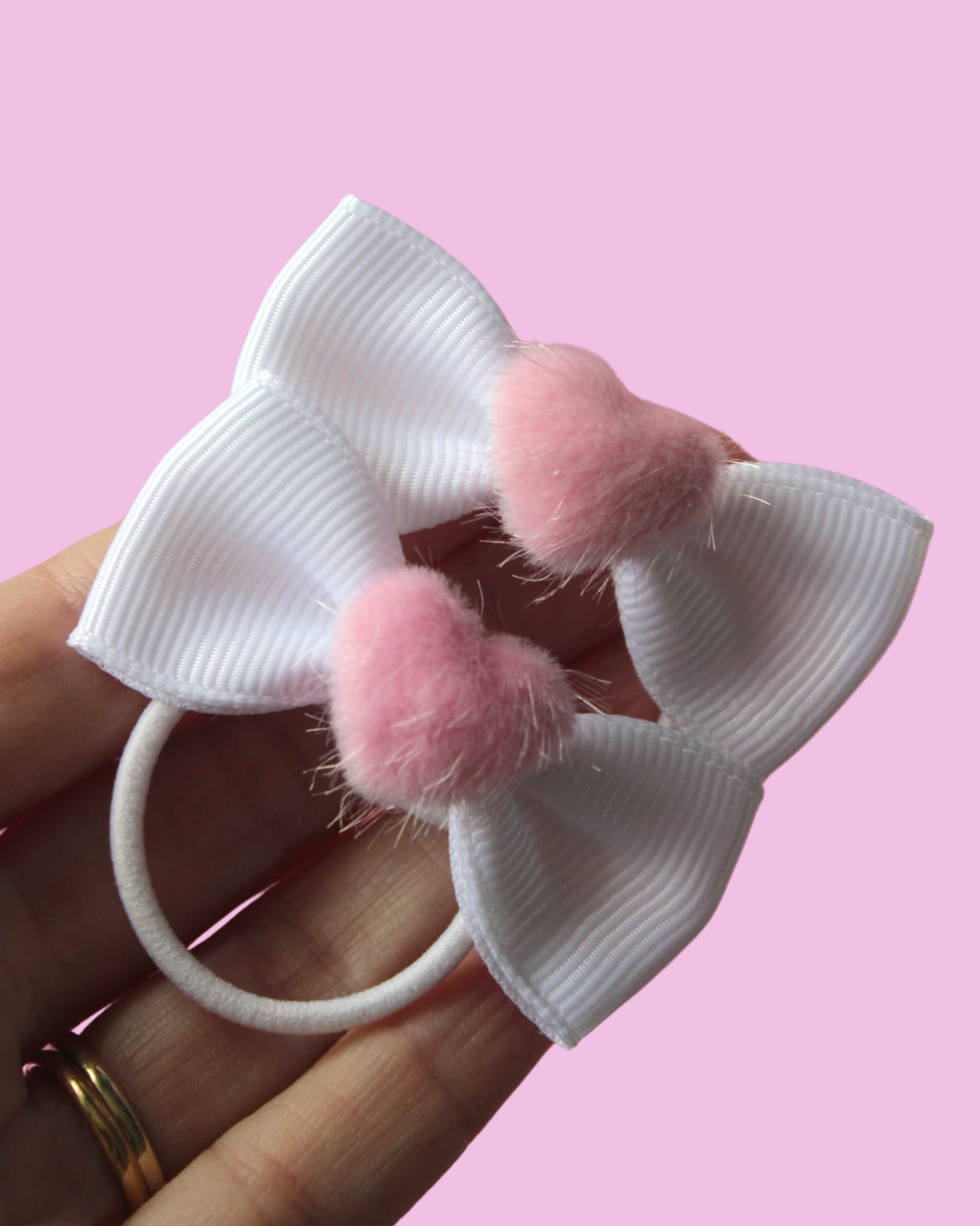 Pink Fuzz Heart Bow Hair Ties